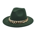 Close-up of dark green wool fedora hat with a thick gold chain decorative band - M (56-58cm) / Dark Green