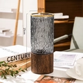 Blue textured glass cylinder vase with dark wood base, 25cm height for home decor - Ripple Smoke Grey Gold Rim With Wood Base