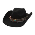 Black western cowboy felt hat with bohemian beaded band and turquoise stone detail - One Size / Black (With Metal Bull Head & Ethnic Decor Band)