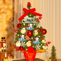 Mini tabletop Christmas tree with red bows, ornaments and Merry Christmas sign - Korean Style Snowman Bonsai