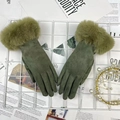 Army green winter gloves with faux fur cuffs and a warm fleece lining for women - One Size / Army Green