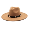 Detail of camel wool fedora hat featuring a black belt strap with gold metal studs - Khaki