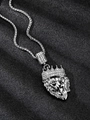 Close-up of silver lion head pendant with crown and rhinestones on a metal chain - 60CM / Silver Lion Pendant + Wheat Chain