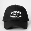 Detailed close-up of white 3D embroidery Support Day Drinking on a black baseball cap - Black