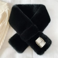 Short black faux fur cross scarf for winter with woven label and soft plush texture - Black