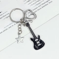 Guitar keychain in black enamel finish with silver star charm and heart clasp - New Mini Guitar (Black with Star)