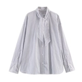 Women's blue striped poplin shirt with long sleeves and elegant scarf-style tie neck collar - XS / Blue and White Stripes