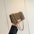 Brown V-quilted faux leather crossbody bag with gold square twist lock and chain strap - Brown