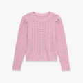 Pull en maille rose à col rond, manches longues ajourées et détails de manches bouffantes - S / Rose