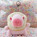 Pink Capybara plush keychain with bread toast neck ring decor on pastel foam balls - Donut Pink + Silver Clip