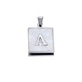 Detailed close-up of a silver square pendant with white shell inlay and metal letter A - Steel A