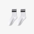 White cotton mid-calf socks with classic double black stripes and ribbed knit finish - One Size / White