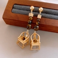 Vintage gold drop earrings with tiger eye stones and Chinese armchair charm detail - 46# Silver Pin - Gold - Brown - Chair