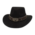 Black faux suede jazz hat with bull head ornament and vintage western style details - Black (Wide Silver Bull Buckle)