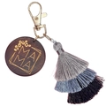 Detail of bohemian MAMA letter engraved wooden disk with layered colorful tassels - Light Grey, Grey and Black