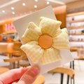 Yellow and white gingham fabric flower hair tie for girls with orange center bead - Yellow Plaid
