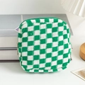 Macro detail of green and white checkerboard knit cosmetic bag with silver zipper - Green and White Plaid
