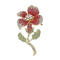 Floral brooch with red and white crystal petals and green leaves on gold base - Red White Iridescent Large Flower