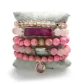 Five-piece pink bohemian stacking bracelet set with natural crystals and gold beads - Pink