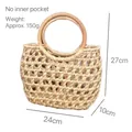 Handmade round rattan woven handbag in cream white with solid wood circular handle - 24x10x27cm / Straw Handbag (Hollow Style)