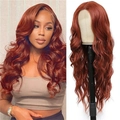 Detail of reddish brown long wavy synthetic hair wig with natural gloss and soft curls - Brown