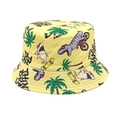 Detailed close-up of yellow children's bucket hat with cartoon dinosaur and shark prints - Head Circumference 52-54cm / Yellow