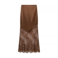 Elegant women's brown satin midi skirt featuring delicate lace patchwork and wavy hem - S / Caramel color