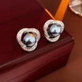 Pendientes de plata con perla gris oscuro y circonitas rectangulares engastadas - Poste de Pendiente de Plata de Ley 925 - Plata (Perla Gris)