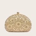 Elegant champagne gold seashell evening clutch bag with sparkling rhinestone swirls - Gold