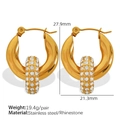 Gold plated stainless steel hoop earrings with sparkling rhinestone circle pendant - EH268W White Zircon Decor Gold Hoop Earrings