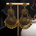 Vintage bohemian flower earrings in antique gold finish with tassels and bead charms - H4415-1 Antique Gold