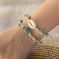 Handmade shell and turquoise turtle beaded bracelets set with woven cream cords - Beige