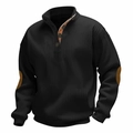 Men's rib-knit pullover with buttoned stand collar and brown elbow patches in black - S / Black 1