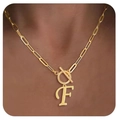 Golden paperclip link necklace with toggle clasp and letter F pendant on model - Letter F