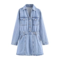 Lichtblauwe denim mini-jurk voor dames met lange mouwen, V-hals en metalen knopen - XS / Lichtblauw