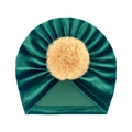 Detail of baby velvet beanie in emerald green featuring a soft brown faux fur pompom - One Size / Dark Green + Light Coffee