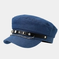 Berretto stile marinaio giapponese in denim blu con borchie a stella e catena - Blu Medio