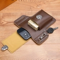 Brown leather waist phone holster with card slots and key hook on wooden background - Brown Upgrade Phone Bag