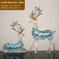Blue Nordic resin deer figurines with gold antlers and crystal ball accents, 1 pair - Double Blessings Of Fortune - Blue 8720-a