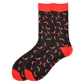 Men's cotton long socks in black with vibrant red chili pattern and contrast heels - 38-46 / Chili Pattern (121B)