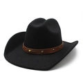 Detailed view of black felt cowboy hat with studded brown leather band on white background - M (56-58cm) / Black