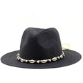 Detail showing high-density black straw weaving and ethnic shell band on sun hat - Black