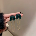 Deep green velvet bow earrings with long golden double chain tassel detail - 35# Green Bow Tassel (Silver Pin)