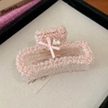 Pink beaded lily hair claw clip with a ribbon bow and sparkling heart rhinestone - Pink Rectangular Bow Crystal Claw Clip (59#)