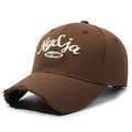 Distressed dark brown baseball cap with white Nyc Ja 1990 embroidery and vintage finish - Coffee