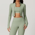 Conjunto de yoga de 3 piezas verde gris con chaqueta con cremallera, sujetador y leggings altos - M / Verde Frijol