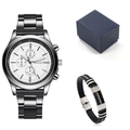 Coffret cadeau montre à quartz pour homme et bracelet tressé dans une boîte bleue - Cadran Blanc + Bracelet à Boucle Noire + Boîte à Grain de Litchi