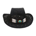 Black Western cowboy straw hat featuring a turquoise ethnic beaded band and upturned brim - One Size (New Hollow) / Black (White Strip Blue Bead)