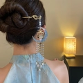 Pic à cheveux chinois doré avec lune, pavillon et longs glands de perles blanches - Pompon En Perles Pavillon De La Lune Dorée (67#)