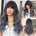 Lange wellige Barbie-Perücke mit Pony in Schwarz-Blau-Grau Farbverlauf für Damen - Schwarz Ombre Blaugrau (lc8266-4)